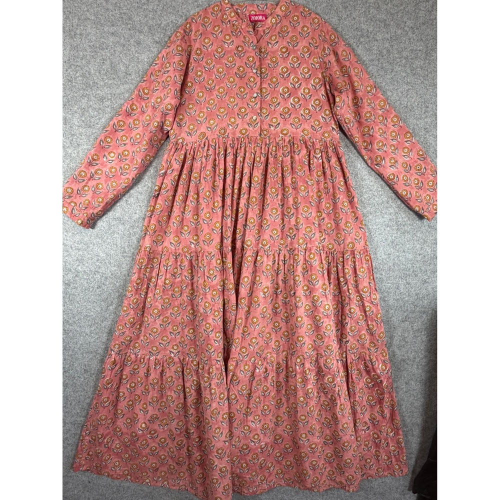 Zojora Block Print Maxi Dress Womens Pink Floral Cotton Tiered Skirt Excellent